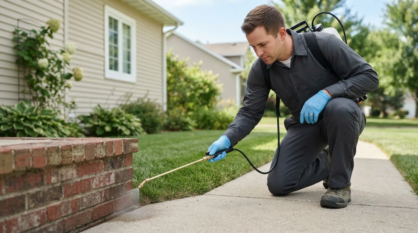 Pest control technician treating a home near Neshanic Station, NJ