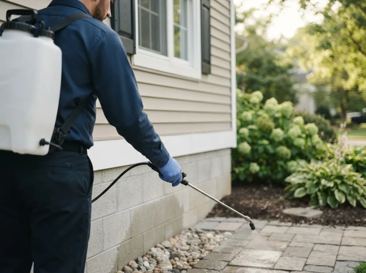Pest control technician inspecting a home in Neshanic Station, NJ